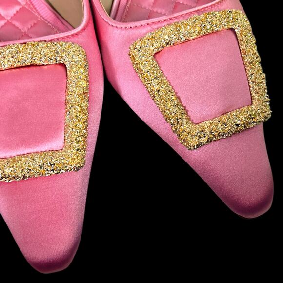 Sam Edelman Brit Satin Mule Pink Pointy Embellished Buckle Quilted Kitten Heel 8 - Picture 5 of 15